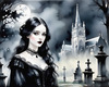 Printable Art of Victorian Goth Girl with Gothic Cathedral Background