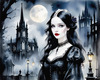 Printable Art of Victorian Goth Girl with Gothic Cathedral Background