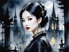 Printable Art of Victorian Goth Girl with Gothic Cathedral Background