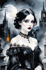 Printable Art of Victorian Goth Girl with Gothic Cathedral Background