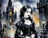 Printable Art of Victorian Goth Girl with Gothic Cathedral Background