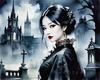 Printable Art of Victorian Goth Girl with Gothic Cathedral Background