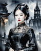 Printable Art of Victorian Goth Girl with Gothic Cathedral Background
