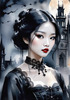 Printable Art of Victorian Goth Girl with Gothic Cathedral Background