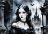 Printable Art of Victorian Goth Girl with Gothic Cathedral Background