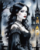 Printable Art of Victorian Goth Girl with Gothic Cathedral Background