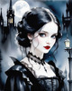 Printable Art of Victorian Goth Girl with Gothic Cathedral Background