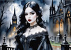Printable Art of Victorian Goth Girl with Gothic Cathedral Background