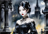 Printable Art of Victorian Goth Girl with Gothic Cathedral Background