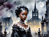Printable Art of Victorian Goth Girl with Gothic Cathedral Background