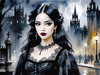 Printable Art of Victorian Goth Girl with Gothic Cathedral Background