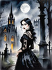 Printable Art of Victorian Goth Girl with Gothic Cathedral Background