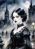 Printable Art of Victorian Goth Girl with Gothic Cathedral Background