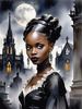 Printable Art of Victorian Goth Girl with Gothic Cathedral Background