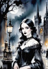 Printable Art of Victorian Goth Girl with Gothic Cathedral Background