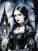 Printable Art of Victorian Goth Girl with Gothic Cathedral Background