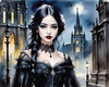 Printable Art of Victorian Goth Girl with Gothic Cathedral Background
