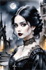 Printable Art of Victorian Goth Girl with Gothic Cathedral Background