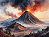 Volcanic Mountains with Gently Rising Smoke Against Dusk Sky