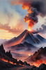 Volcanic Mountains with Gently Rising Smoke Against Dusk Sky