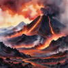 Volcanic Mountains with Gently Rising Smoke Against Dusk Sky