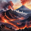Volcanic Mountains with Gently Rising Smoke Against Dusk Sky
