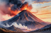 Volcanic Mountains with Gently Rising Smoke Against Dusk Sky