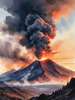 Volcanic Mountains with Gently Rising Smoke Against Dusk Sky