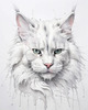 Abstract Sketch of White Maine Coon Cat with Striking Eyes