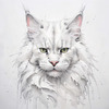 Abstract Sketch of White Maine Coon Cat with Striking Eyes