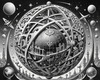 Surreal Black and White Zodiac Sphere Abstract Art with Star Patterns