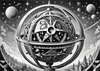 Surreal Black and White Zodiac Sphere Abstract Art with Star Patterns