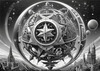 Surreal Black and White Zodiac Sphere Abstract Art with Star Patterns