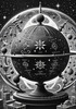 Surreal Black and White Zodiac Sphere Abstract Art with Star Patterns
