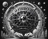 Surreal Black and White Zodiac Sphere Abstract Art with Star Patterns