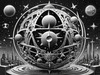 Surreal Black and White Zodiac Sphere Abstract Art with Star Patterns