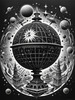 Surreal Black and White Zodiac Sphere Abstract Art with Star Patterns