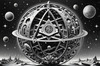 Surreal Black and White Zodiac Sphere Abstract Art with Star Patterns
