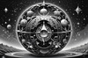 Surreal Black and White Zodiac Sphere Abstract Art with Star Patterns