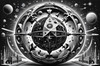 Surreal Black and White Zodiac Sphere Abstract Art with Star Patterns