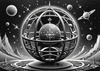Surreal Black and White Zodiac Sphere Abstract Art with Star Patterns