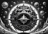 Surreal Black and White Zodiac Sphere Abstract Art with Star Patterns