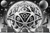 Surreal Black and White Zodiac Sphere Abstract Art with Star Patterns