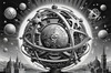 Surreal Black and White Zodiac Sphere Abstract Art with Star Patterns