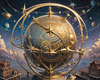 Surreal Zodiac Sphere with Engraved Signs and Faint Cyberpunk Stars Background