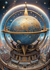 Surreal Zodiac Sphere with Engraved Signs and Faint Cyberpunk Stars Background