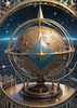 Surreal Zodiac Sphere with Engraved Signs and Faint Cyberpunk Stars Background