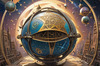 Surreal Zodiac Sphere with Engraved Signs and Faint Cyberpunk Stars Background
