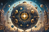 Surreal Zodiac Sphere with Engraved Signs and Faint Cyberpunk Stars Background