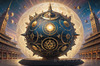 Surreal Zodiac Sphere with Engraved Signs and Faint Cyberpunk Stars Background